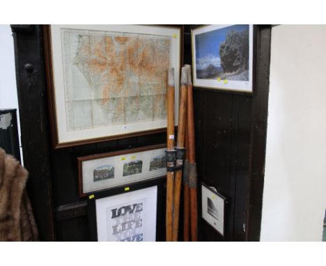 Four decorative prints and a framed Ordnance Survey 1900's (1903/4) map of the Lake District.