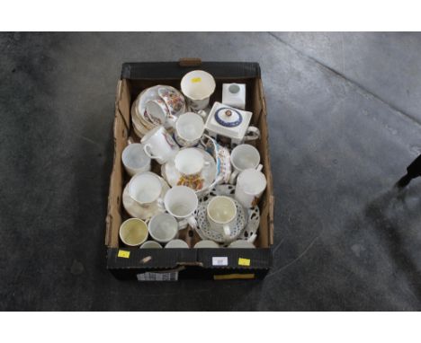 Box of commemorative cups and saucers, teapot, pierced plates etc  