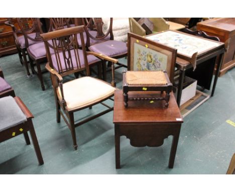 An Edwardian mahogany satinwood inlaid carver armchair, a 19th century mahogany commode and rush seat stool