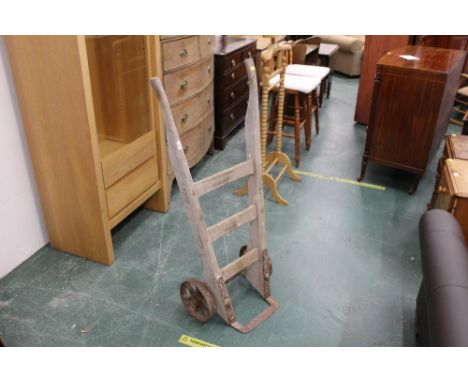 A vintage wooden and metal sack barrow 