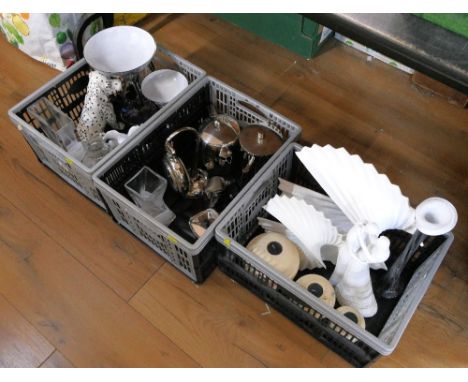 Three storage crates of modern household decor and ornaments, glass vases, stopwatch style clock, table centre pieces etc