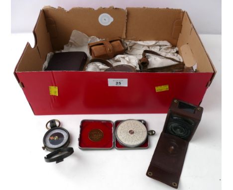 Vintage geometry set, leather tape measure, Fowler &amp; Co calculator, compass, Illford light meter etc