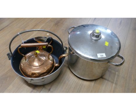 Large Horwood cooking can, jam pan, copper kettle and jug