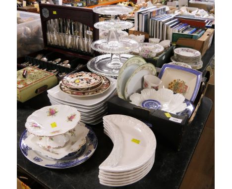 Pressed glass cake stands, Masons Mandalay plates, Noritake oval dishes, white plates and side dishes etc