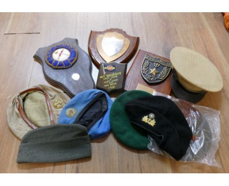 Box of wooden military plaques presented to USS Garcia, Lancashire plaque dated 1934, Horwich Senior Girls School plaque date