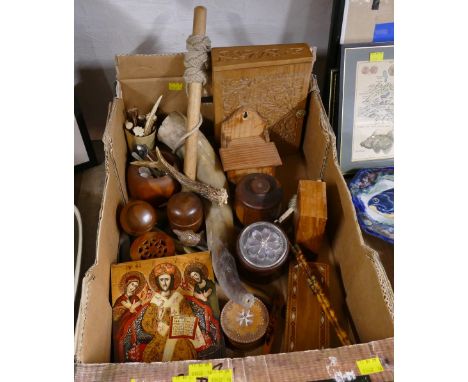 Box of woodenware, religious plaques, antlers, horns etc