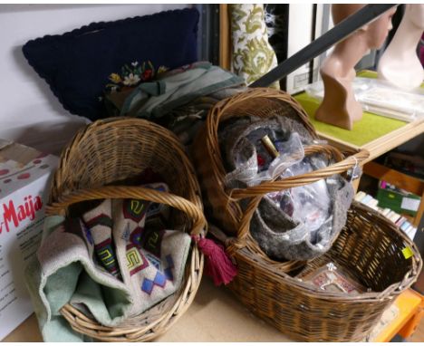 Three wicker baskets, throws, vintage quilt, tapestry cushion covers etc