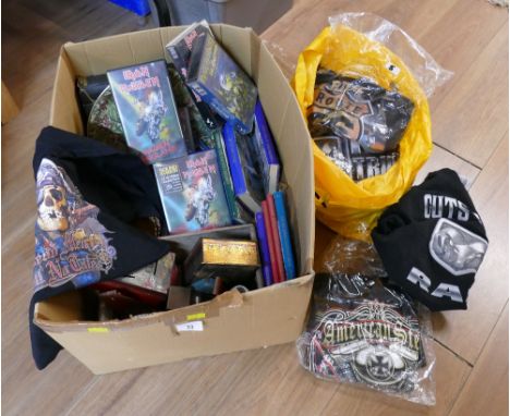 As new motorbike themed t-shirts, Iron Maiden VHS video tapes and box of vintage tins, books etc