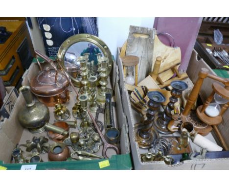 Two boxes of wooden ware, cheese boards, egg timer, brass and copperware, candlesticks, convex mirror, ornaments, nut cracker