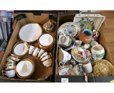 Two boxes of ceramics, Portmeirion dish, miniature Oriental vases, pin cushion lady, Copeland Spode blue and gilt edged tea s