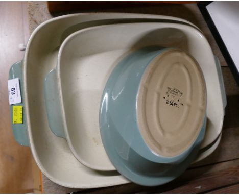 Three pale green Denby baking dishes