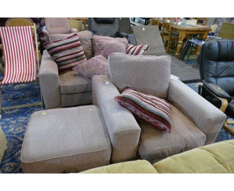 Purple two seater settee, armchair and footstool