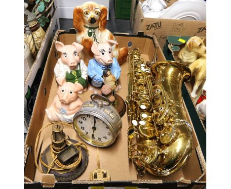 Rosetti Series 7 saxophone, three NatWest pigs, vintage alarm clock, figurines etc