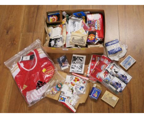 Box of collectable football cards, stickers, trading cards, Adidas, Arsenal, football shirts etc