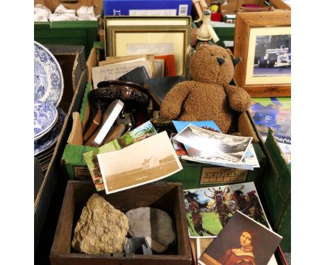 Box of cigarette card albums, pictures, metalware, brassware, soda water bottle, fossils, postcards etc