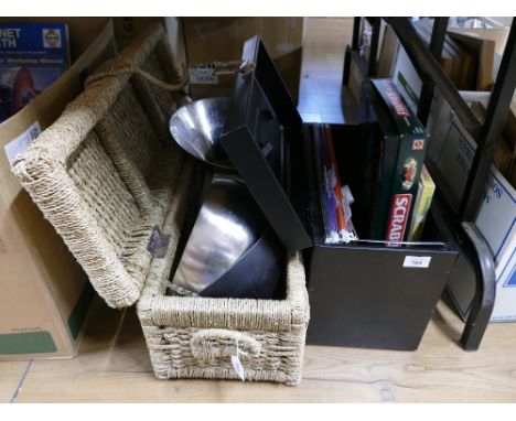 Wicker hamper, metal planters and bowls and&nbsp; metal storage file box containing Scrabble