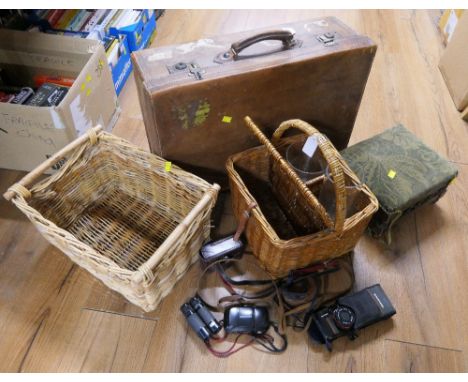 Two wicker hampers, vintage suitcase and footstool