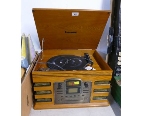 Steepletone gramophone style record player, tuner, CD player combination