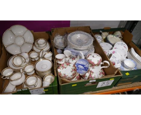 Three boxes of ceramics and part tea sets, Paragon Greek Key pattern, Royal Stafford Olde English Garden, Royal Doulton Galax