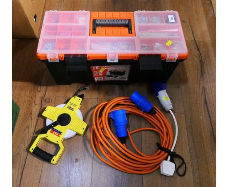Toolbox with chisels, wood planes, screws, 30 meter tape measure and electrical hook up cable