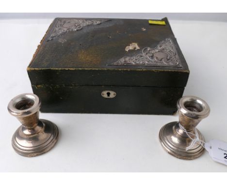 Monogrammed handkerchief box, dated 1906, and two silver candlesticks