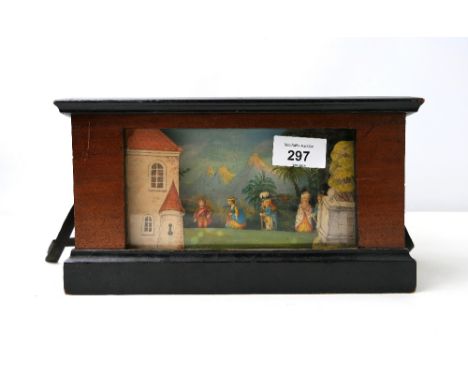 Antique mahogany cased musical automaton box, scrolling scene of couples entering castle