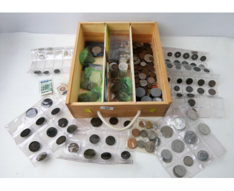 Wooden tray with collection of vintage coins, commemorative crowns, Elizabeth II half crowns, George III cartwheel pennies, c