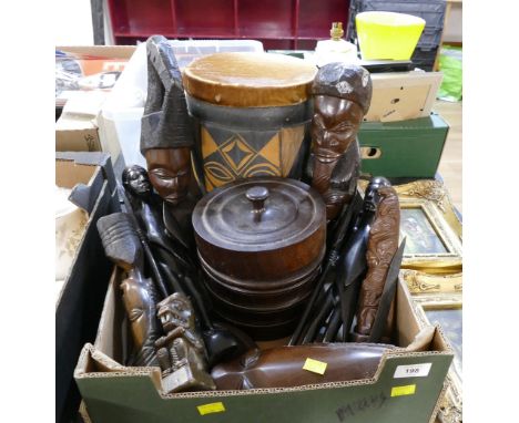 Box of tribal wooden ware and ornaments, figures, wooden lidded dish, hide covered drum etc
