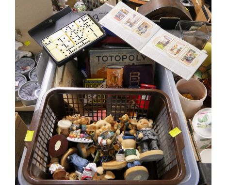 Box of vintage games, Totopoly, card games, dominoes, cigarette cards and pig ornaments
