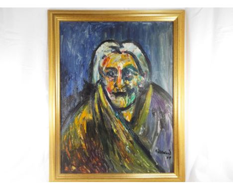 James Lawrence Isherwood (1917 - 1988) - oil on board, portrait entitled Shawled Wigan Woman (1969) signed and dated by the a