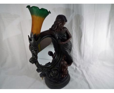 A table lamp in the form of a lady and child with a mirror back and glass shade