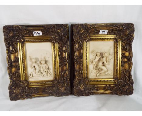 Two ceramic relief pictures depicting mother and child and two boys playing, one is inscribed lower middle P.J.Seymour 1883, 