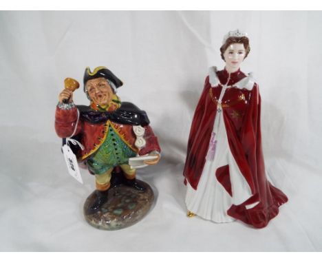 A Royal Doulton figurine entitled Town Crier HN2119 and a Royal Worcester figurine depicting the Queen's 80th birthday celebr