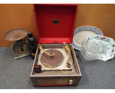 A good mixed lot to include a Dansette record player, a small quantity of ceramic platters and a set of Salter scales and sim