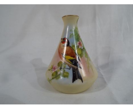 Royal Worcester - a small conical vase hand painted with an image of a goldfinch, 8.2 cm (high) for Locke & Co - Est £35 - £5