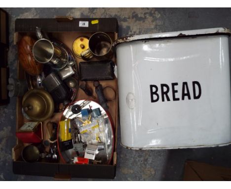 A good mixed lot to include a heavy good quality brass desk bell, a trumps marker, a novelty puzzle in the form of a rugby ba