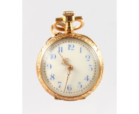 A SUPERB FRENCH GOLD AND ENAMEL FOB WATCH, the back with two children.