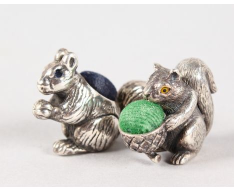 TWO NOVELTY SILVER MINIATURE SQUIRREL PIN CUSHION.