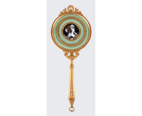 A SUPERB LIMOGES ENAMEL AND ORMOLU FRAMED HAND MIRROR with oval portrait of a young girl. Enamel 1.5ins diameter.  Mirror 9.5