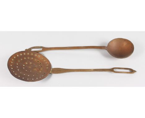 A BRASS MILK SKIMMER and A BRASS LADLE (2). Needs Cleaning.