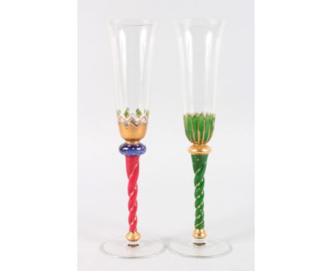 TWO GOOD VENETIAN TALL GLASS AND ENAMEL DECORATED CHAMPAGNE FLUTES.