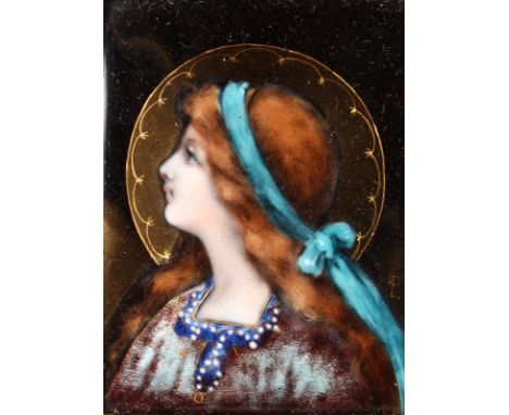 A GOOD LIMOGES ENAMEL AND ORMOLU FRAMED PLAQUE, head and shoulders of a young girl, in a very good quality ormolu frame. Enam