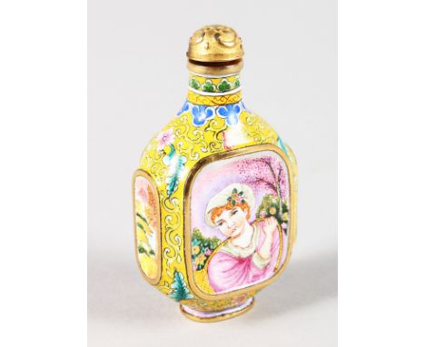 A YELLOW CANTON ENAMEL SNUFF BOTTLE painted with panels of young ladies.