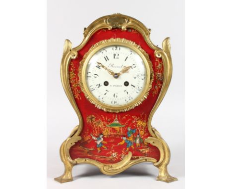 A GOOD LOUIS XVI DESIGN RED LACQUER MANTLE CLOCK by REVEL A. PARIS, with eight-day movement, stand PLANCHON, PARIS, on a sing