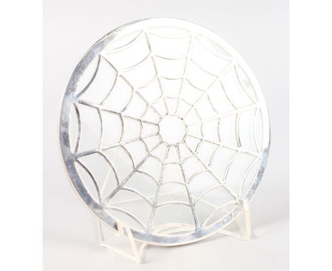 A SPIDERS WEB SILVER AND GLASS CIRCULAR TEAPOT STAND. Birmingham 1937.