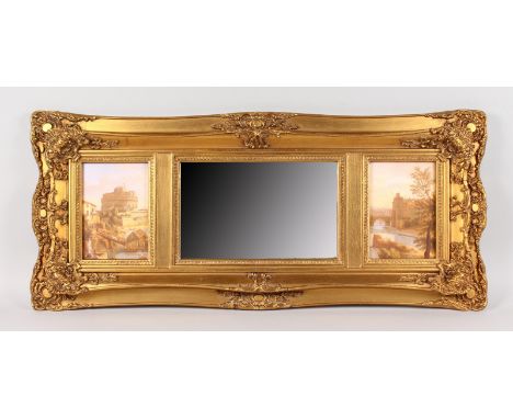 A LONG GILT FRAMED OVERMANTLE MIRROR with bevelled mirror and two Italian scenes. 36ins long, 16ins high.