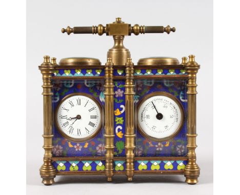 A CLOISONNE ENAMEL DOUBLE CLOCK, clock and barometer with carrying handle. 5.5ins high.