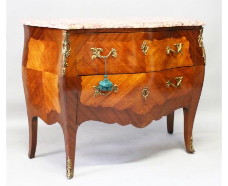 A LOUIS XVIth STYLE KINGWOOD TWO DRAWER BOMBE COMMODE with marble top, ormolu mounts, on short curving legs.