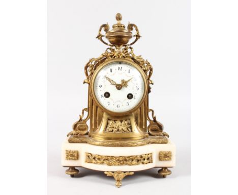 A GOOD SMALL LOUIS XVI ORMOLU AND WHITE MARBLE MANTLE CLOCK, with eight-day movement, striking on a single bell, white dial p