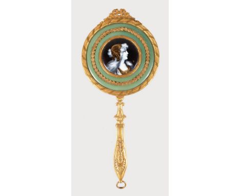A SUPERB LIMOGES ENAMEL AND ORMOLU FRAMED HAND MIRROR with oval portrait of a young girl. Enamel 2ins diameter.  Mirror 10ins
